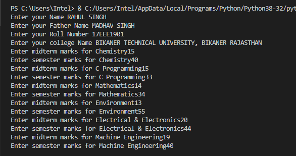 Student marksheet program in python programming