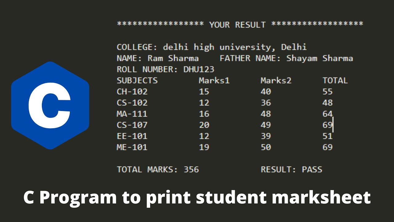 student marksheet and marklist program in c programming