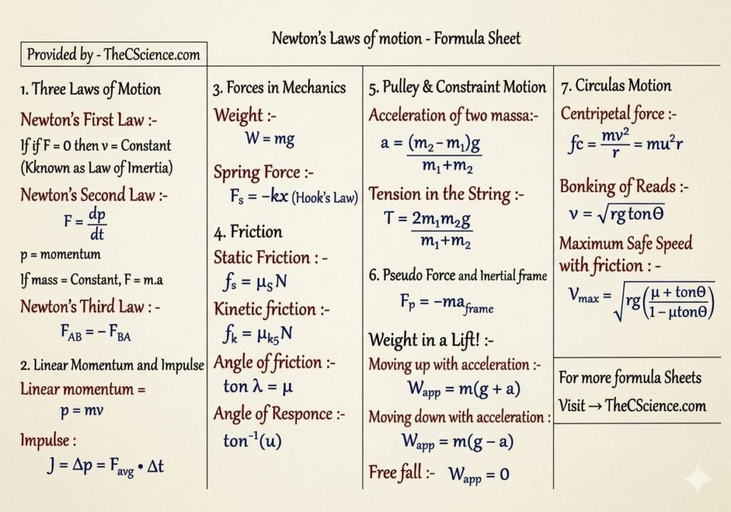 Newton's laws of motion formula sheet class 11 