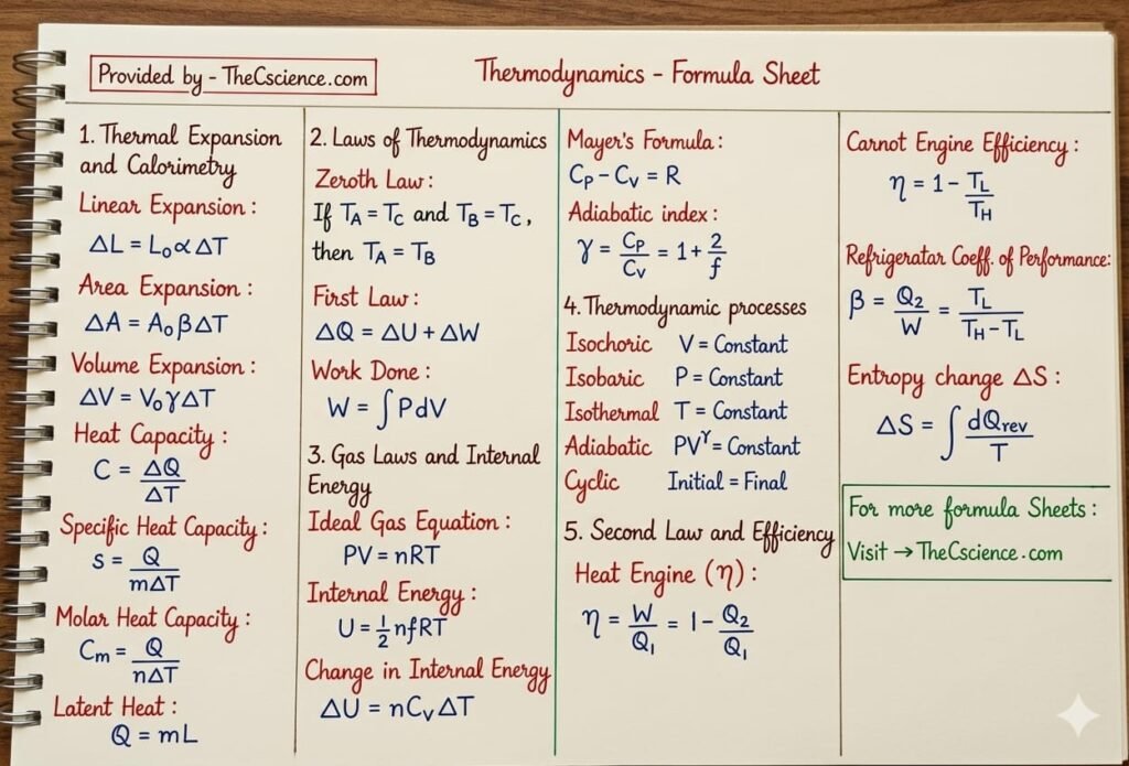 Thermodynamics formula sheet for class 11