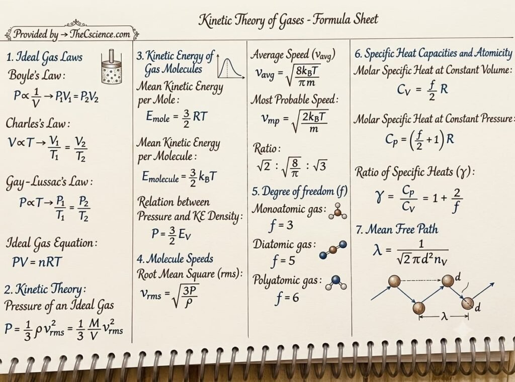 Class 11 Physics  Kinetic theory of gases formula sheet for JEE/NEET