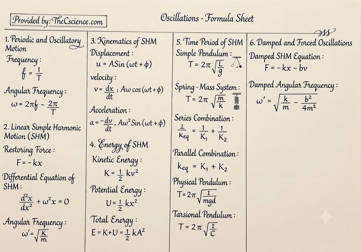 Formula Sheet: Oscillations Class 11 Physics